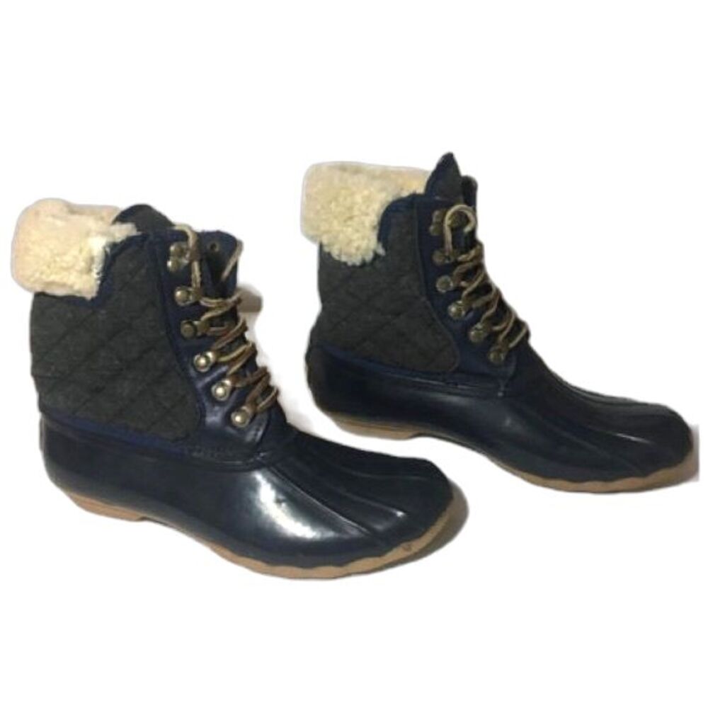 Sperry J Crew Womens 8 Winter Boots Duck Shearling Snow Blue quilted Lace Up